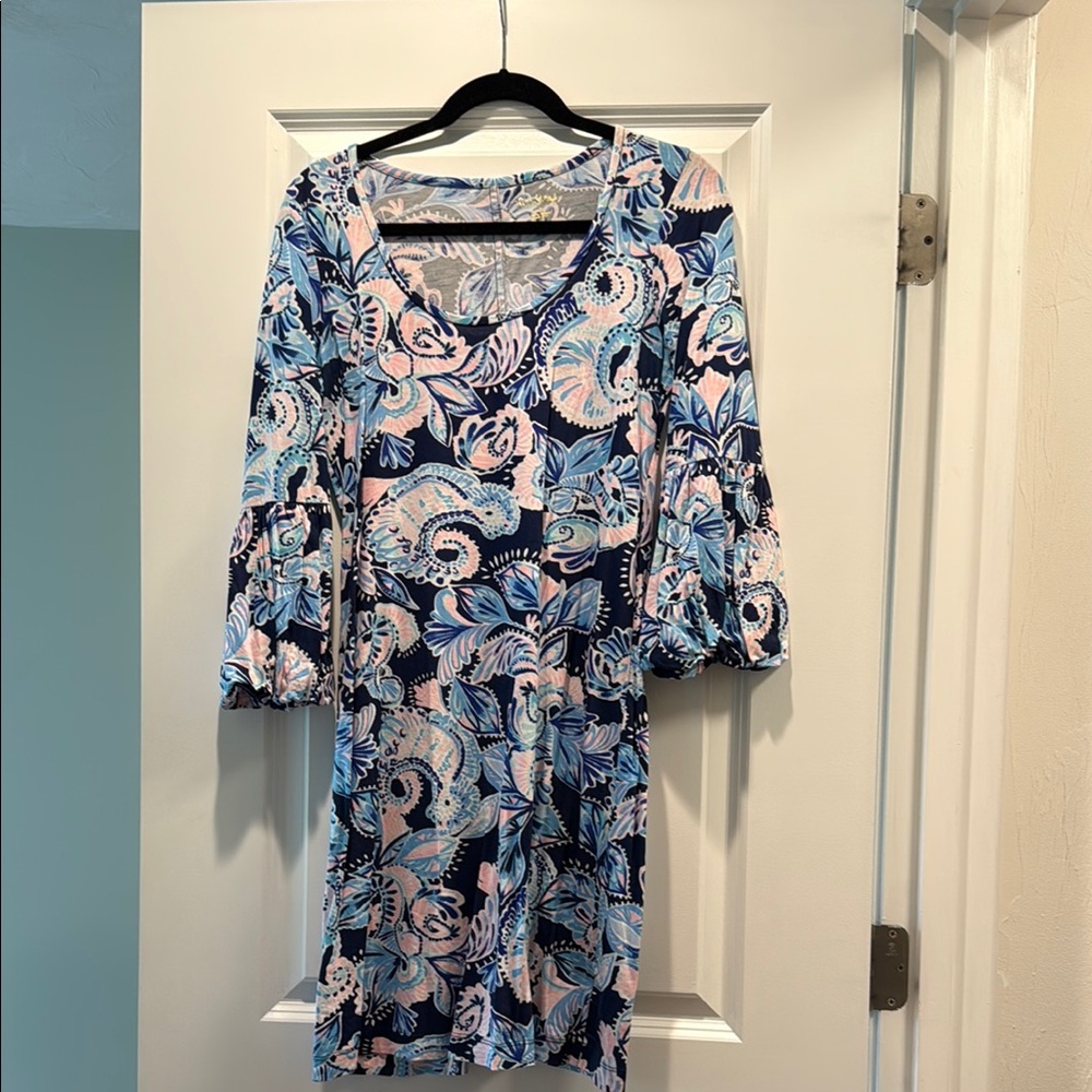 Lilly Pulitzer Blue and White Sheath Dress with Bishop Sleeves